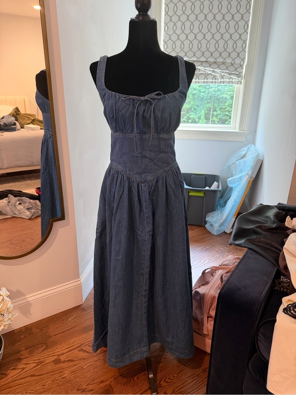 Reformation Navy Blue Denim Midi Dress with Tie Front